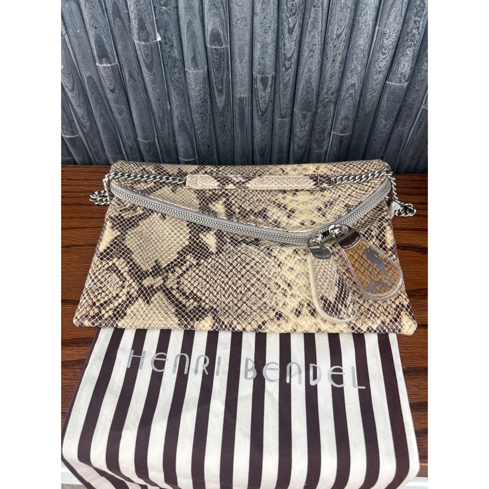 Henri Bendel Snakeskin Embossed Leather Convertible Clutch Crossbody Bag Tan